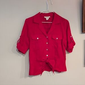 David N Women's Petite Small Linen Red Tie Hem Cropped Button-Up Blouse 117